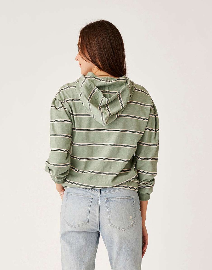 Clothing Carve Designs Long Sleeve | Birdie Slub Hoodie Lt. Cilantro Rugby Stripe