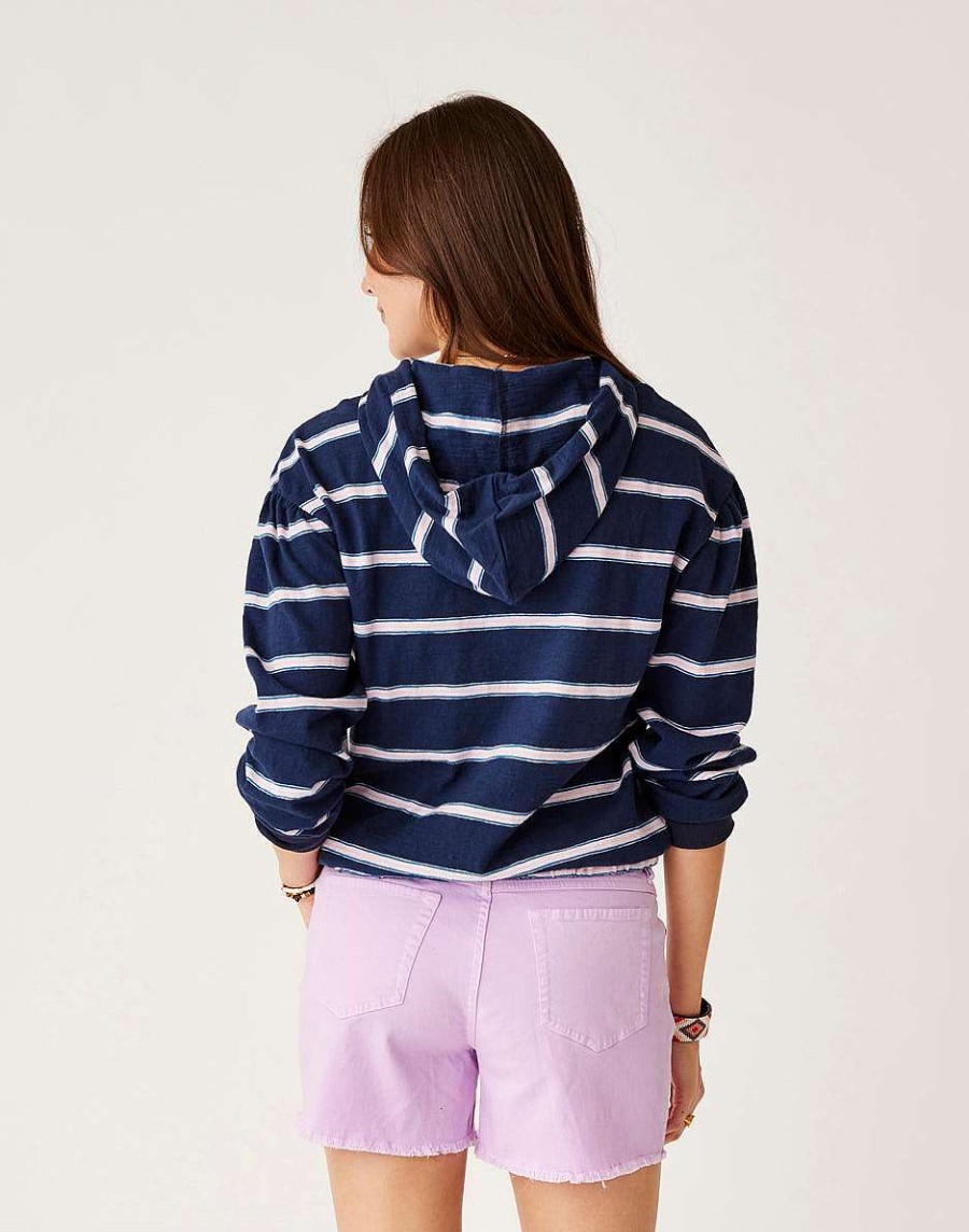 Clothing Carve Designs Long Sleeve | Birdie Slub Hoodie Navy Rugby Stripe